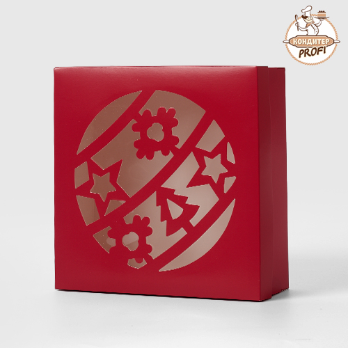 Картонная упаковка с окном для зефира,тортов,пирожных - "Новогодний шар" Красная мат.(1 шт.)