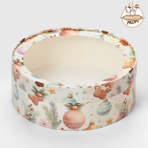 Картонная упаковка круглая 20х7 см "Елочные игрушки" (1шт.)