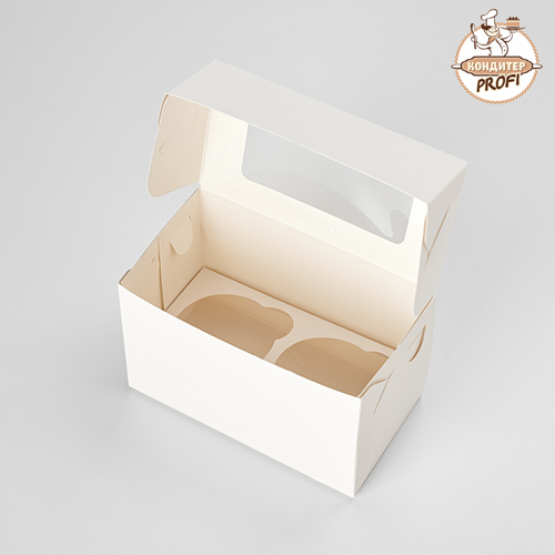 Картонная упаковка для капкейков с окном - "Белая, 2 ячейки"  160х100х100 (040110 ) (1 шт.)