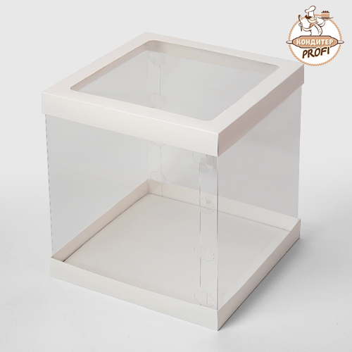 Картонная упаковка под торт с прозрачными стенками и окном Белая 260х260х280мм (1шт)