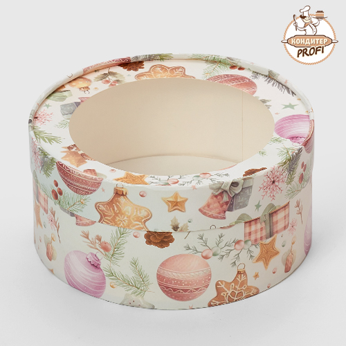 Картонная упаковка круглая 16х7 см "Елочные игрушки" (1 шт.)