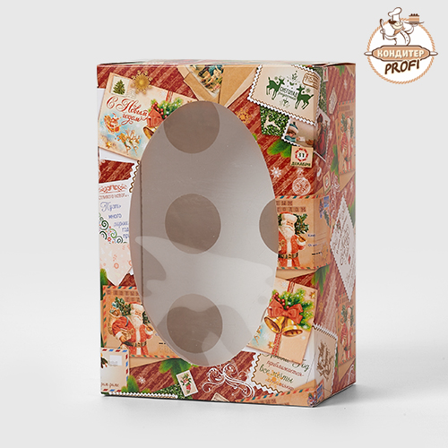 Картонная коробка на 6 капкейков с окном - "Новогодние открытки" 235х160х100мм (1 шт.)